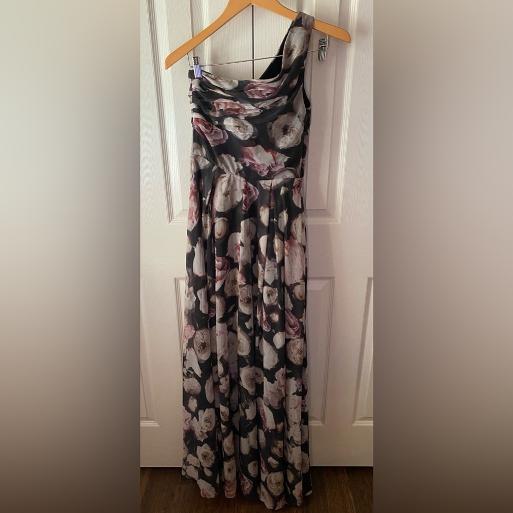 FAME AND PARTNERS Black Floral Romantic Organza One Shoulder Maxi Dress SZ 4